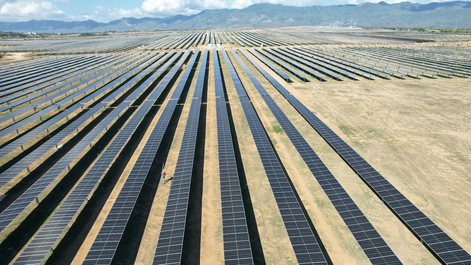 Aerial view of a large solar generation field