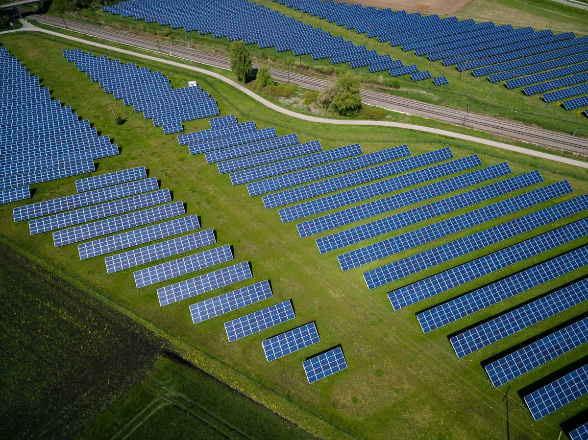 Aerial view of solar panel arrays